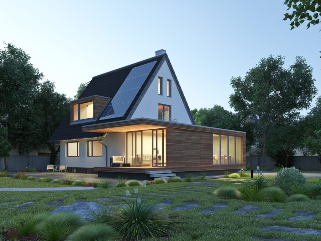 House with solar panels and a modern wooden extension Services d'extension de maison existante